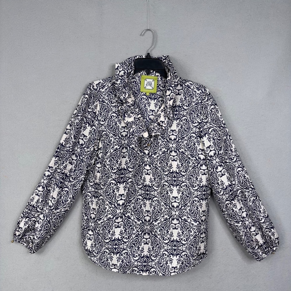Elizabeth McKay Blouse Womens 12 Navy White Lion Print Silk Ruffle Preppy